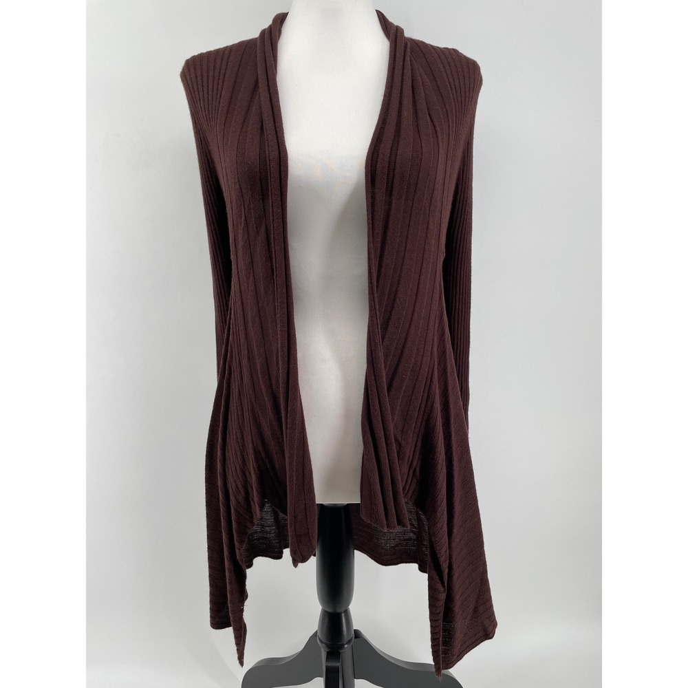 Open Front Cardigan Womens Medium Brown Artsy Boho Crochet Lace Back Ribbed